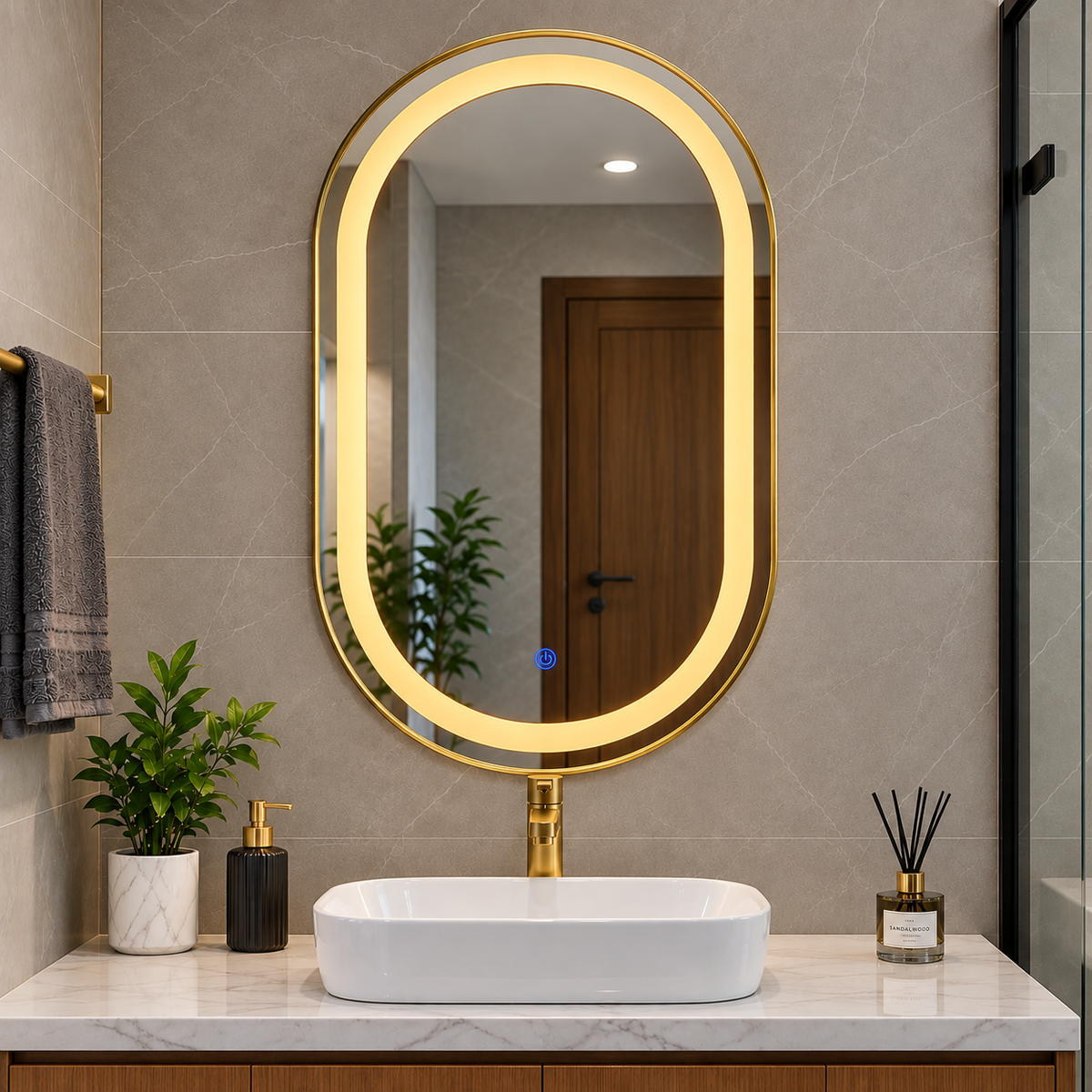 Capsule Shape LED Wall Mirror 20×32 Inch | Golden Aluminum Frame