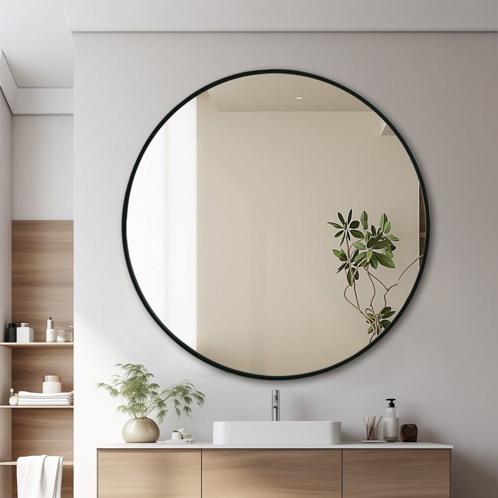 Round mirror with black frame in a modern bathroom setting