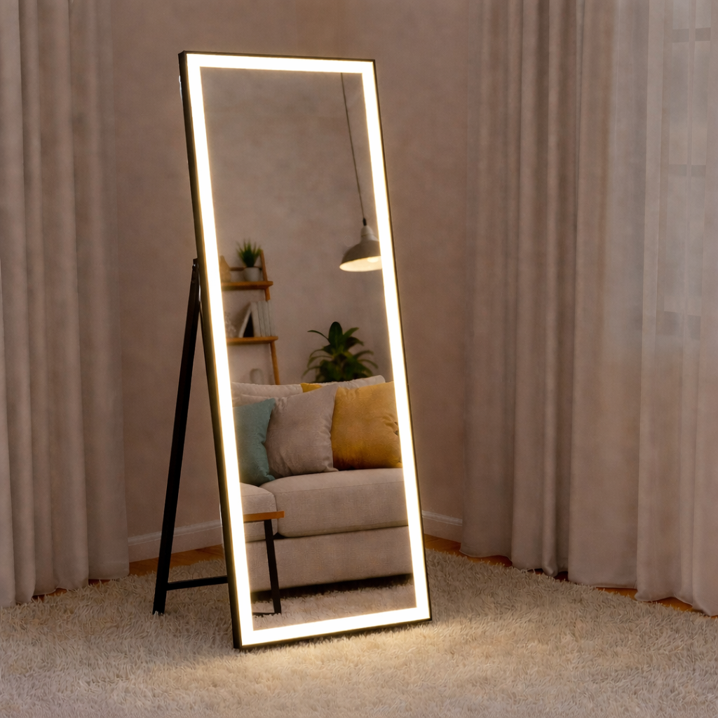 Full-length mirror with LED lighting black frame in a living room setting