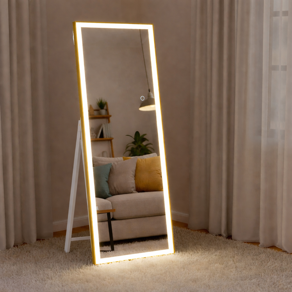 LED Mirror Rectangular Golden frame standing 5/2 ft with touch sensor 5mm glass - Mirror World BD