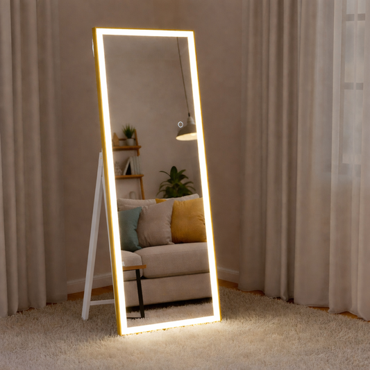 LED Mirror Rectangular Golden frame standing 5/2 ft with touch sensor 5mm glass - Mirror World BD