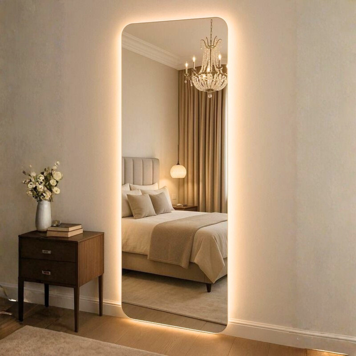 Large illuminated mirror in a bedroom with a chandelier and nightstand.