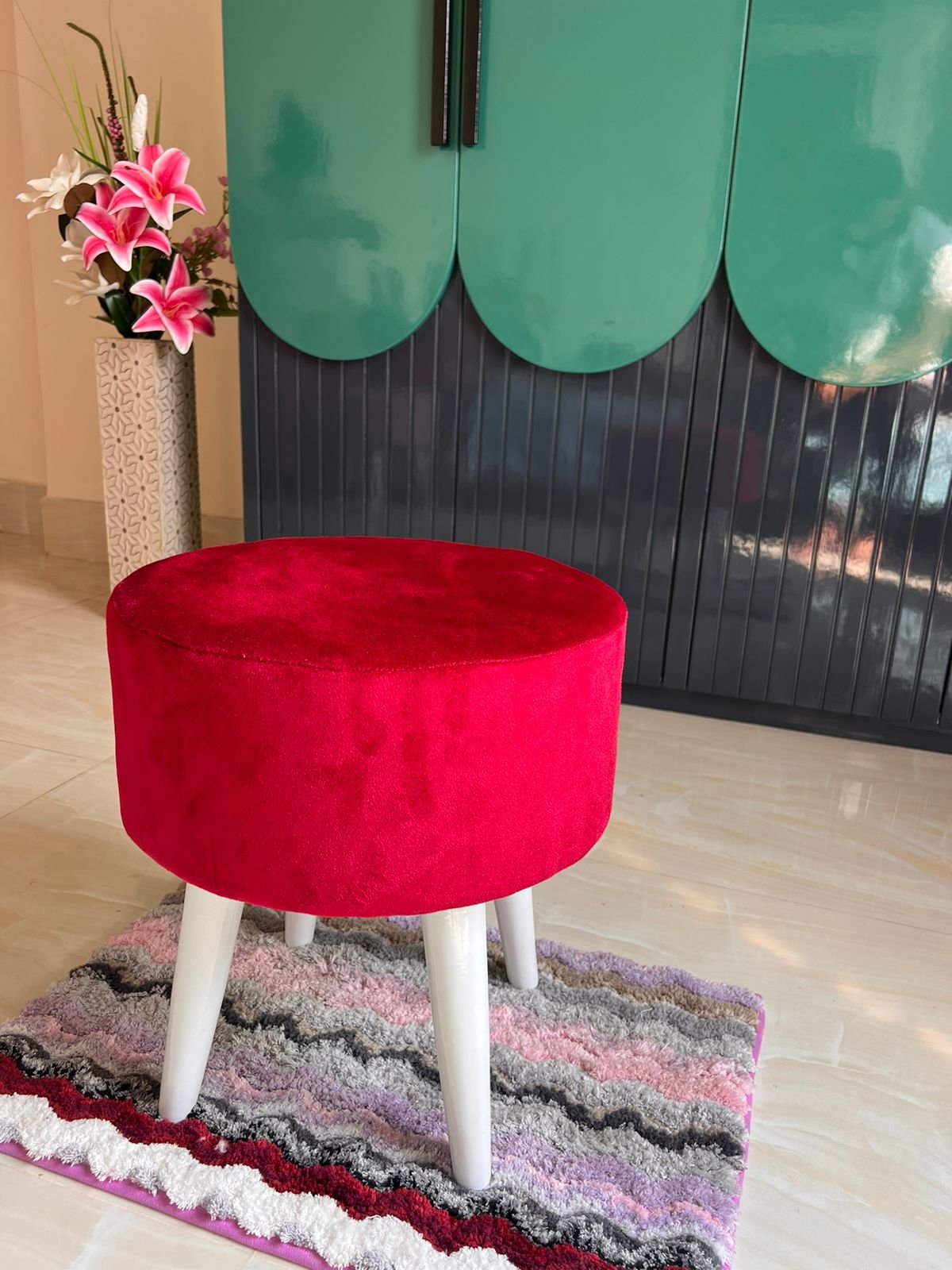 Faux Fur Ottoman Round Stool Red