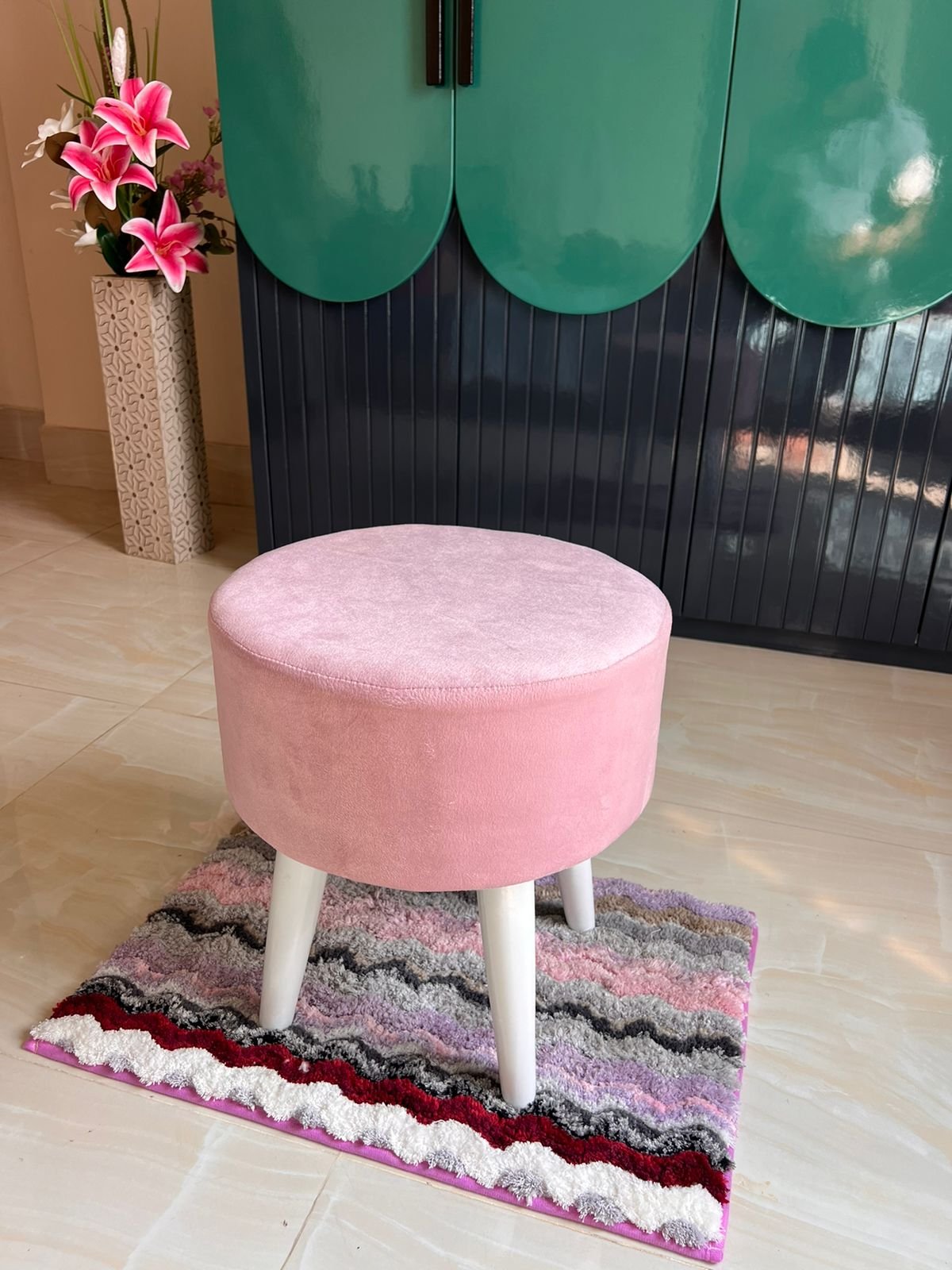 Faux Fur Ottoman Round Stool Pink