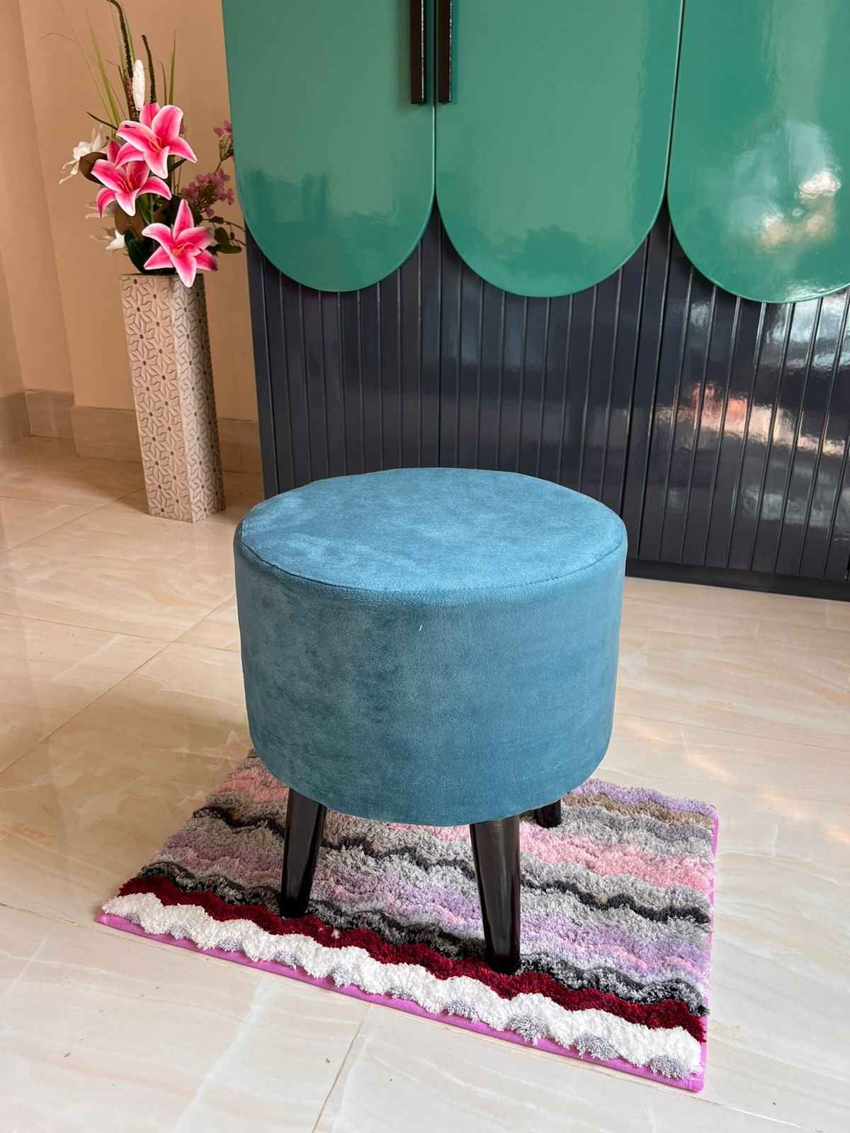 Faux Fur Ottoman Round Stool Blue