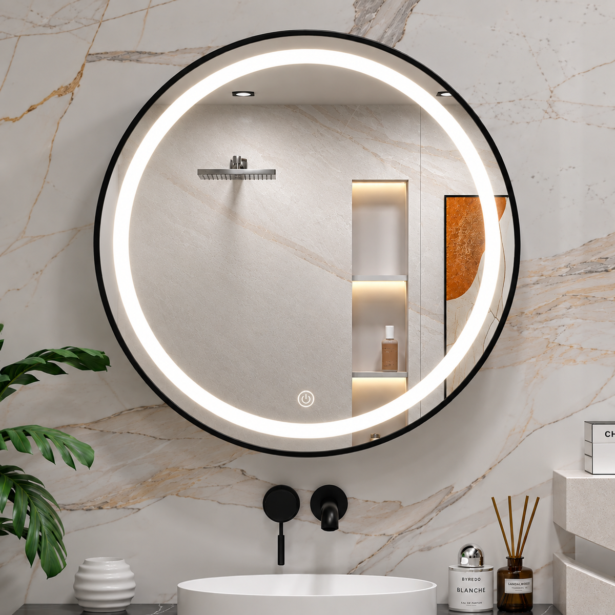 Round LED Mirror 28×28 Inch – Black Frame with Touch Sensor