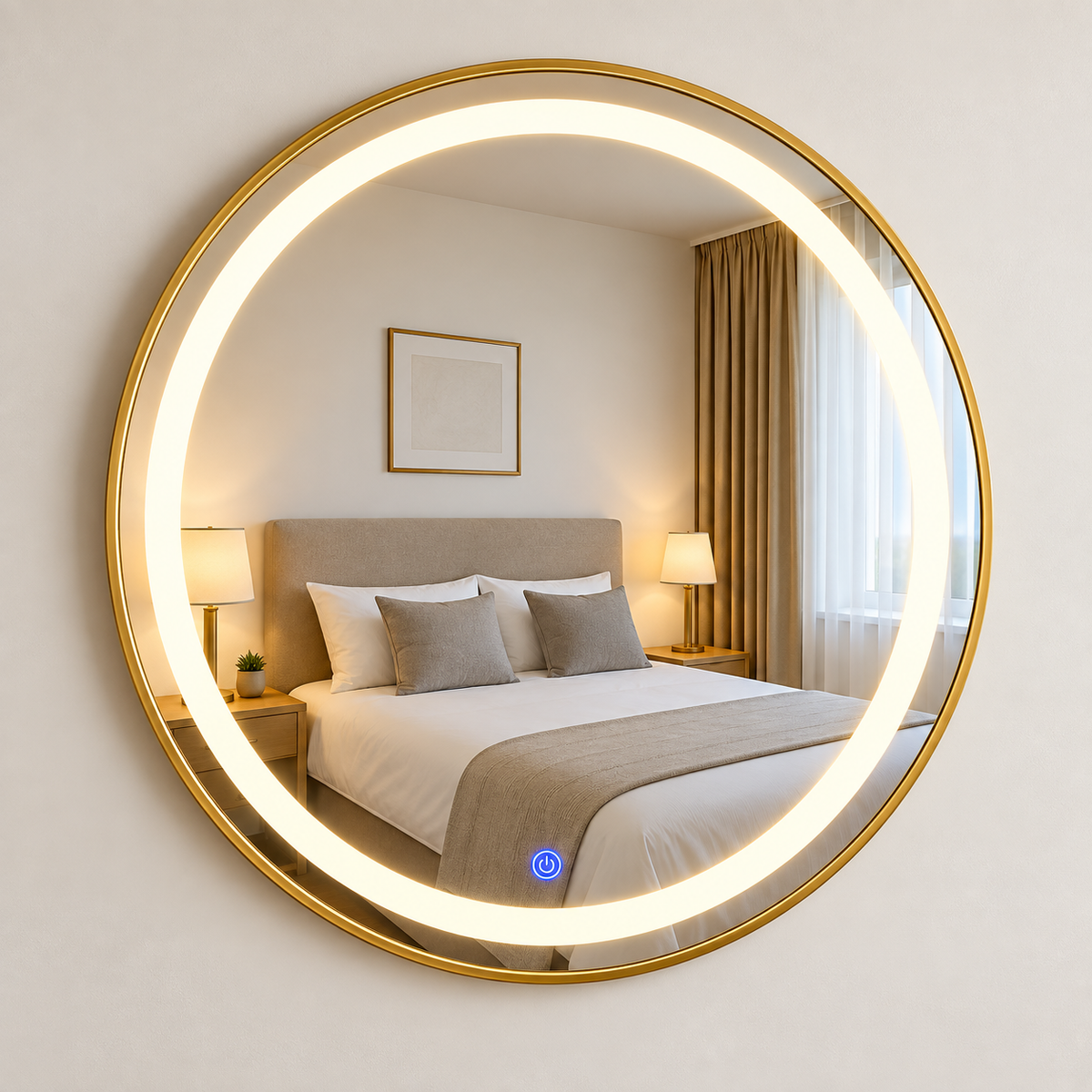 Round LED Mirror 28×28 Inch – Golden Frame with Touch Sensor