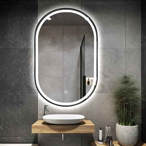 Capsule Shape LED Wall Mirror 20×32 Inch Black aluminum frame