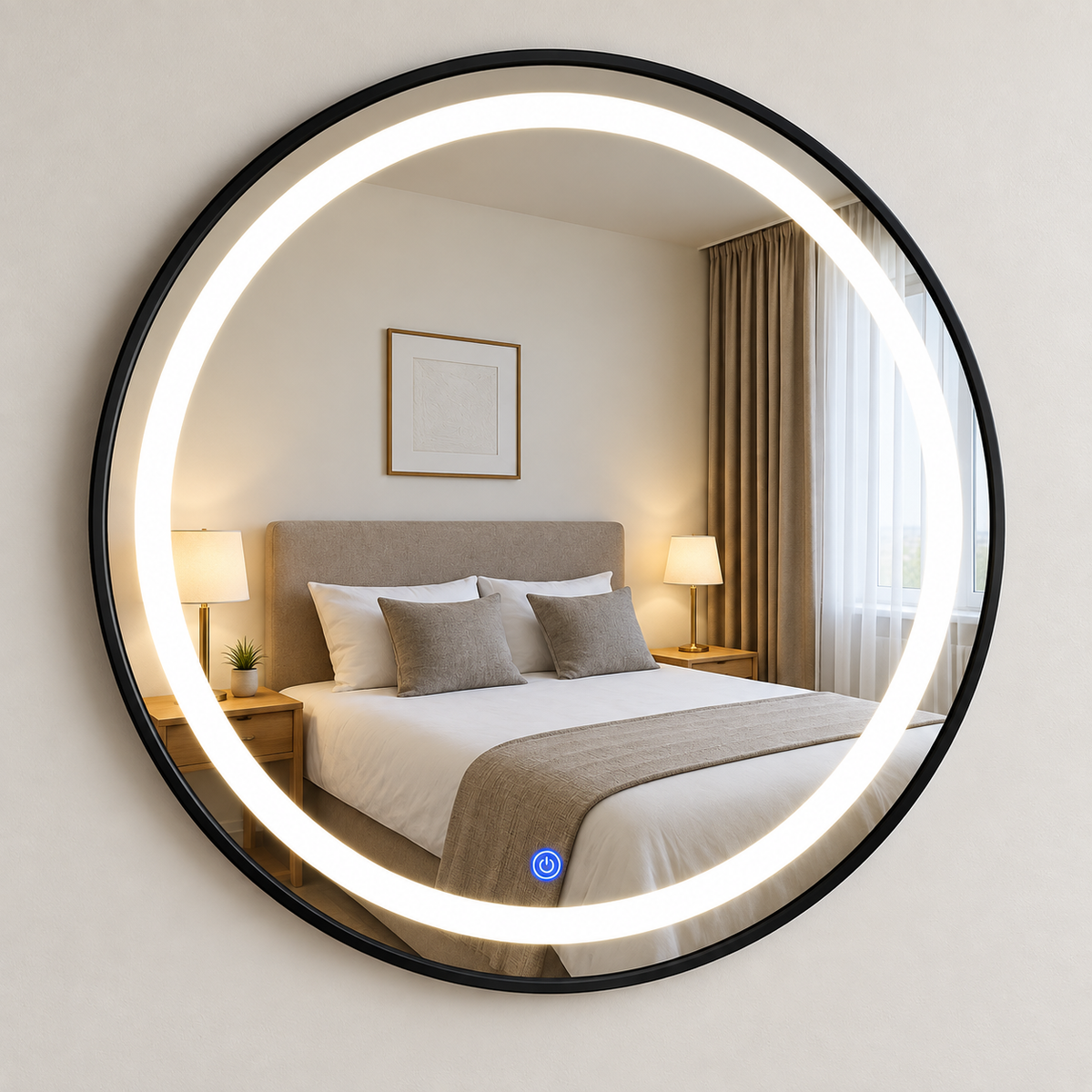 Round LED Mirror 28×28 Inch – Black Frame with Touch Sensor