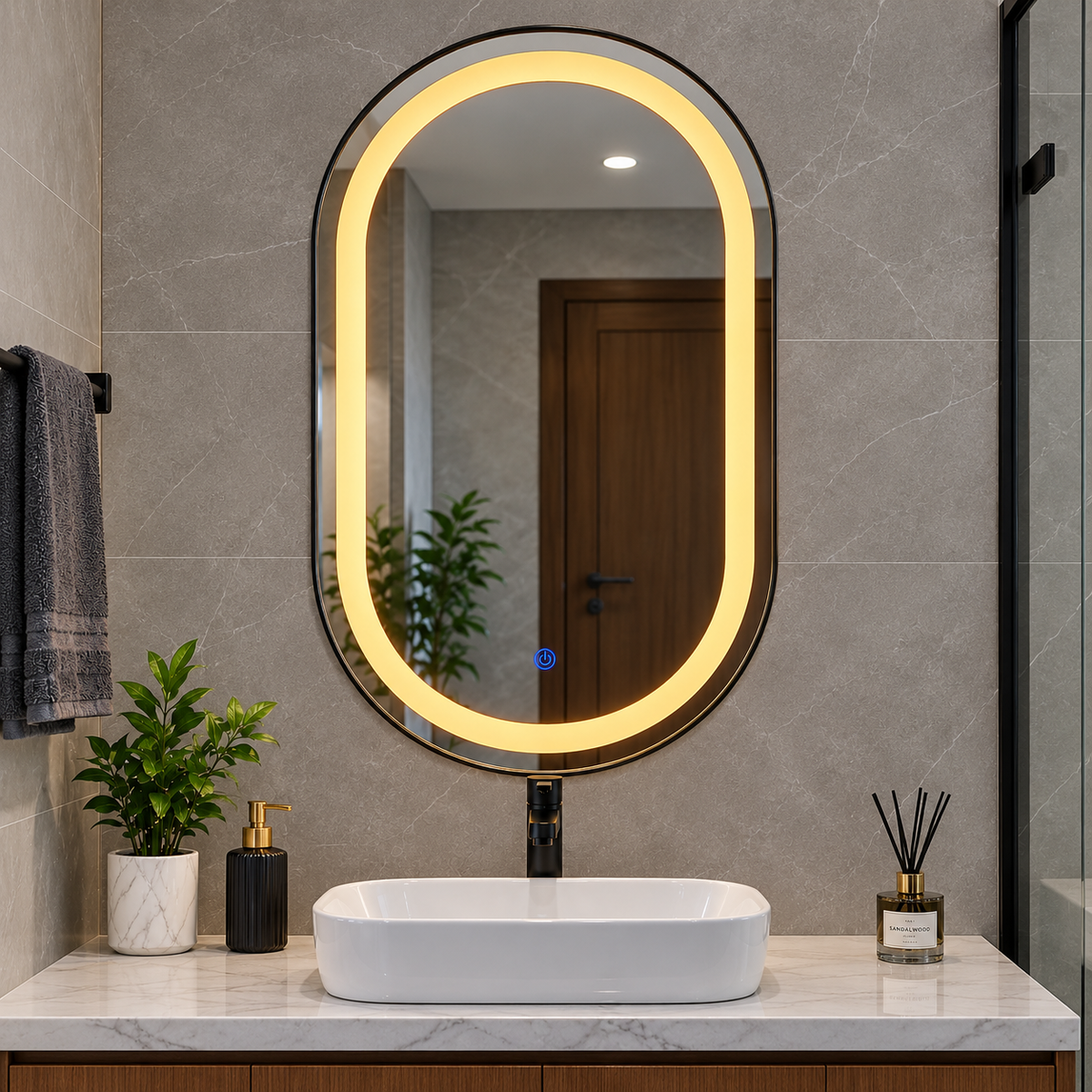 Capsule Shape LED Wall Mirror 20×32 Inch | Black Aluminum Frame