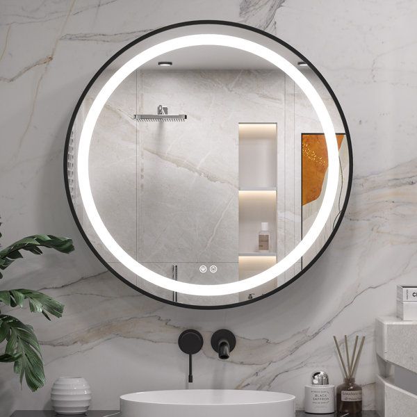Round LED Mirror Black frame with touch sensor